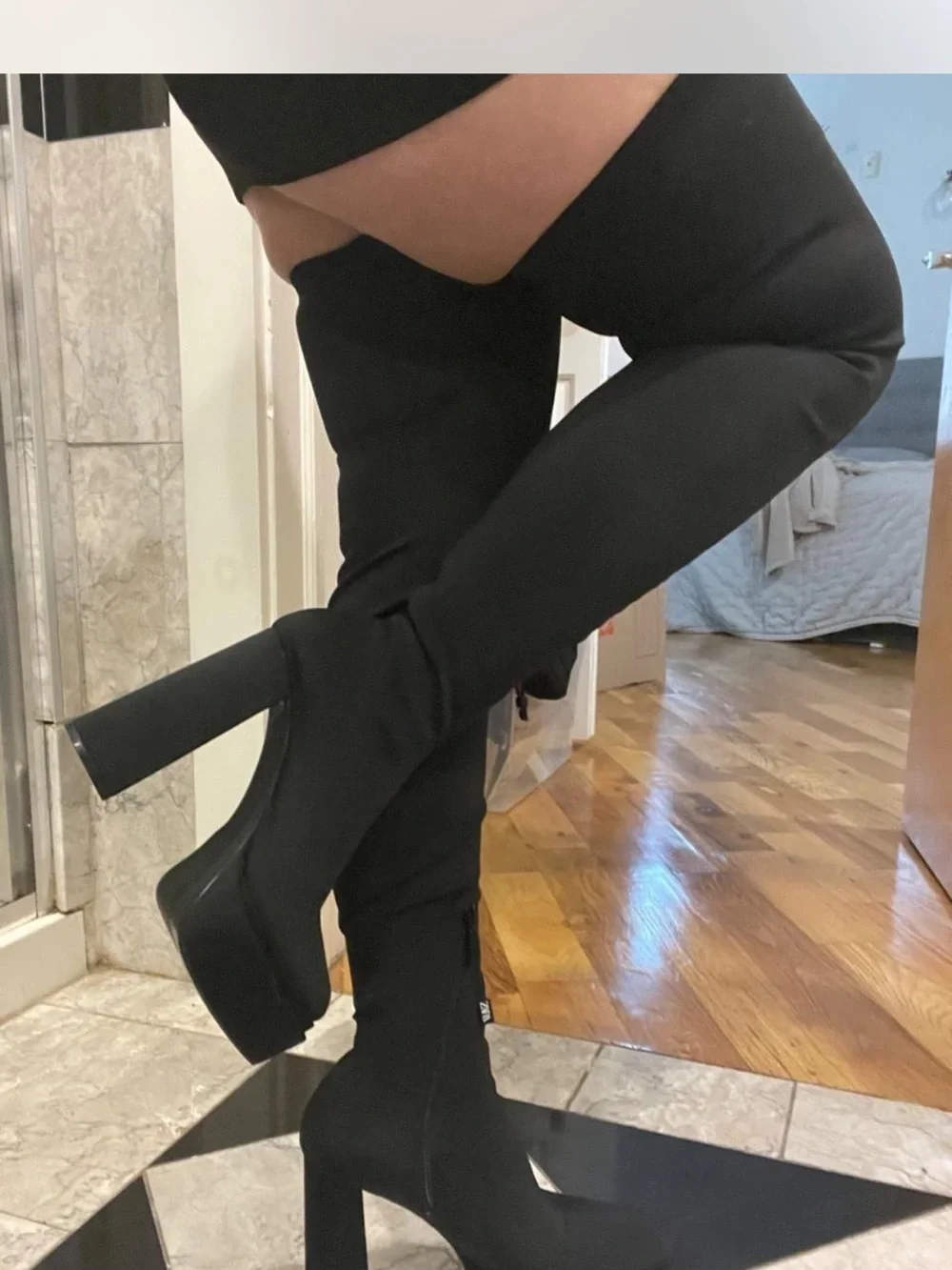 Over-the-Knee Black Platform Block Heel Boots - Women